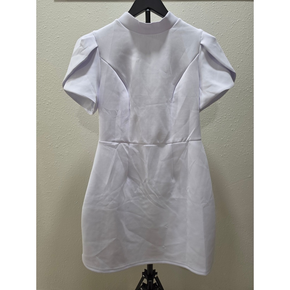 White Mock Neck Puff Sleeve Mini Dress Size M Bridal Graduation Cocktail